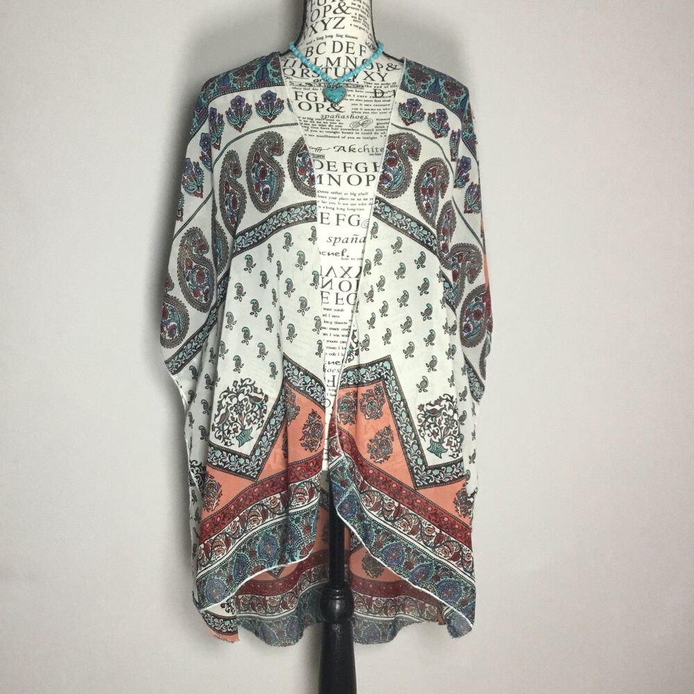 Paisley sheer coverup duster orange red blue white hippie boho fairy floaty O/S